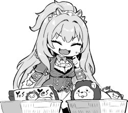 1girl ascot azur_lane azur_lane:_slow_ahead basket black_bra bra breasts chibi chibi_only cleavage closed_eyes fang greyscale high_ponytail hori_(hori_no_su) large_breasts lion_(azur_lane) long_sleeves military_uniform monochrome official_alternate_costume open_mouth ponytail simple_background skin_fang solo sweatdrop underwear white_ascot white_background