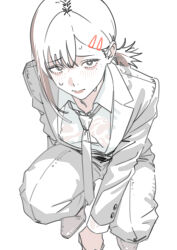 1girl absurdres black_eyes brown_hair chainsaw_man closed_mouth formal_clothes grey_jacket grey_necktie grey_pants grey_suit hair_ornament hairclip higashiyama_kobeni highres jacket looking_at_viewer mikuchi_sunkuo mole mole_under_eye necktie pants ponytail shirt short_ponytail simple_background single_sidelock solo squatting suit sweat white_background white_shirt