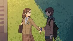 1boy 1girl absurdres backpack bag brown_hair brown_jacket collared_shirt cowboy_shot day glasses highres holding_another&#039;s_arm holding_strap hood hood_down hoodie jacket kojiro337 long_hair long_sleeves looking_at_another original outdoors school_uniform shadow shirt short_hair shoulder_bag standing