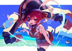 1girl :d ascot bare_shoulders belt bent_over bicorne black_coat black_hat blush breasts brooch brown_belt brown_thighhighs cleavage cloud cloudy_sky coat cropped_jacket drill_hair eyepatch fang foot_out_of_frame gloves hair_between_eyes hair_ribbon hat highres hololive houshou_marine jacket jewelry lace lace-trimmed_legwear lace_trim large_breasts leaning_forward leather_belt leotard leotard_under_clothes long_hair looking_at_viewer miniskirt ocean open_mouth pirate pleated_skirt red_ascot red_eyes red_hair red_jacket red_ribbon red_skirt ribbon see-through_clothes see-through_cleavage skin_fang skindentation skirt sky sleeveless sleeveless_jacket smile solo standing thighhighs twin_drills twintails virtual_youtuber white_gloves zenshin