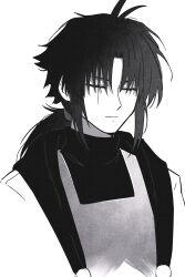 1boy :| alternate_universe antenna_hair buttons chinese_commentary closed_mouth coat commentary_request curtained_hair facing_viewer film_grain frisk_(undertale) greyscale hair_tie hanbaobaobaozhu highres hood hood_down hooded_coat long_hair low_ponytail male_focus monochrome open_clothes open_coat ponytail scar scar_across_eye scar_on_face sidelocks simple_background solo sweater turtleneck turtleneck_sweater undertale upper_body white_background xtale