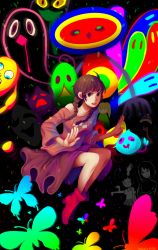 1boy 3girls 6_9 black_background black_hair blonde_hair blouse braid brown_eyes brown_hair bug butterfly closed_mouth dot_mouth extra_arms highres insect madotsuki monoko multiple_girls off_shoulder pink_shirt poniko sekomumasada_sensei shirt sweater tabashio tears twin_braids twintails yume_nikki