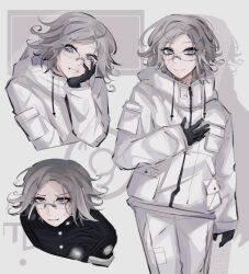 1boy aotsuki_eito armband black_gloves black_skirt blue_eyes closed_mouth glasses gloves grey_hair grin hand_up jacket last_defense_academy_school_uniform long_sleeves looking_at_viewer male_focus multiple_views open_mouth parted_hair simple_background skirt smile solo solo_focus standing sweat sweatdrop the_hundred_line_-last_defense_academy- white_background white_jacket zipper zipper_pull_tab