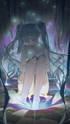 1girl absurdres bare_arms bare_shoulders blue_eyes blue_hair crying crying_with_eyes_open hair_between_eyes highres hugging_own_legs long_hair looking_down monogatari_(series) oikura_sodachi omurice_(304975636) owarimonogatari shirt shorts sidelocks sleeveless sleeveless_shirt solo tears twintails yellow_shirt yellow_shorts