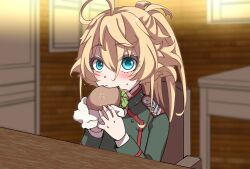 1girl ahoge blonde_hair blue_eyes blurry blurry_background blush bread burger chair eating food food_wrapper green_jacket hal_(goshujinomocha) holding holding_food indoors jacket lettuce long_sleeves military_jacket ponytail red_trim sitting solo table tanya_degurechaff upper_body window wooden_wall wrapper youjo_senki