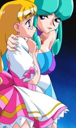 2girls anna_miller aqua_hair blonde_hair blue_eyes bow braid breasts carrera choker cleavage closed_mouth crying crying_with_eyes_open dress game_cg glasses hand_on_another&#039;s_shoulder jewelry karin_(viper) lips long_hair looking_at_another multiple_girls open_mouth pink_bow purple_footwear purple_thighhighs rimless_eyewear round_eyewear sogna tears thighhighs twin_braids twintails very_long_hair viper_(series) viper_gtb waitress