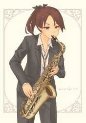 Rule 34 | 1girl, absurdres, bolo tie, brown eyes, brown hair, collared shirt, commentary request, cowboy shot, formal clothes, hair ornament, highres, holding, holding instrument, instrument, kantai collection, long hair, music, pants, playing instrument, ponytail, pot-de, saxophone, shikinami (kancolle), shirt, solo, suit