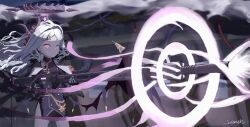 Rule 34 | 1girl, ahoge, armband, artist name, black gloves, black halo, black skirt, black thighhighs, blue archive, coat, coat on shoulders, demon girl, demon horns, demon wings, gloves, gun, halo, hina (blue archive), holding, holding gun, holding weapon, horns, long hair, machine gun, mg42, outdoors, purple eyes, red armband, skirt, solo, standing, thighhighs, user vuwg8438, weapon, white hair, wings