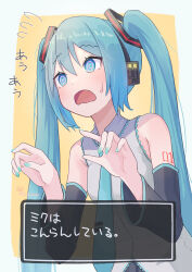 Rule 34 | 1girl, @ @, aqua eyes, aqua hair, aqua nails, aqua necktie, armpit crease, blush, breasts, detached sleeves, hair between eyes, hair ornament, hatsune miku, headphones, highres, long hair, long sleeves, medium breasts, necktie, number tattoo, open mouth, shirt, sleeveless, sleeveless shirt, solo, tattoo, translation request, twintails, very long hair, vocaloid, white shirt, yasuno-labo