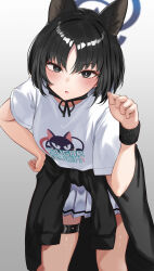 1girl animal_ears belt black_cardigan black_eyes black_hair blue_archive blue_halo cardigan cardigan_around_waist cat_ears clothes_around_waist cosplay gradient_background halo highres kazusa_(band)_(blue_archive) kazusa_(blue_archive) kazusa_(blue_archive)_(cosplay) kikyou_(blue_archive) looking_at_viewer pleated_skirt print_shirt shirt short_hair short_sleeves skirt solo standing sweatband thigh_belt thigh_strap white_shirt white_skirt yu_ni_t