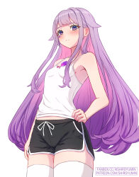 1girl black_shorts blush breasts camisole chest_jewel closed_mouth dolphin_shorts gem gradient_hair hand_on_own_hip highres hololive hololive_english jewel_under_eye koseki_bijou long_hair multicolored_hair pink_hair purple_eyes purple_gemstone purple_hair shiroyumin shorts small_breasts solo thighhighs virtual_youtuber white_camisole white_thighhighs