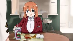 Rule 34 | 2girls, breasts, burger, chain, charlotte e. yeager, cup, disposable cup, food, french fries, highres, holding, indoors, jacket, large breasts, long hair, looking at another, military, military uniform, multiple girls, orange hair, out of frame, red jacket, sakamoto mio, sitting, strike witches, table, white jacket, world witches series, yohijikon