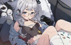 1girl and_uge bare_shoulders black_bow blue_eyes blue_jacket blush bow breasts circle_facial_mark commentary_request enomoto_hina food grey_hair hair_bow hair_ornament handheld_game_console holding holding_food jacket long_hair long_sleeves looking_at_viewer lying nanashi_inc. off_shoulder open_mouth small_breasts socks solo strapless thick_eyebrows tube_top virtual_youtuber white_socks winding_key