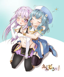 Rule 34 | 2girls, absurdres, biting, blush, biting ear, elf, elnowar seylan, endro!, highres, meiza endust, multiple girls, navel, pointy ears, sports bra, tagme, yuri