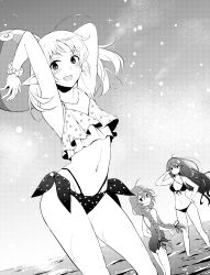 3girls absurdres alternate_costume arms_up ass ball beachball bikini blush braid breasts cleavage closed_mouth collarbone commentary_request dutch_angle elf eris_greyrat flat_chest frilled_bikini frills front-tie_bikini_top front-tie_top greyscale highres holding holding_above_head holding_ball holding_beachball horizon large_breasts long_braid long_hair looking_at_viewer monochrome multi-strapped_bikini_bottom multiple_girls mushoku_tensei nakami_chihiro navel ocean one-piece_swimsuit open_mouth pointy_ears roxy_migurdia side-tie_bikini_bottom swimsuit sylphiette_(mushoku_tensei) thighs twin_braids wading water