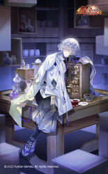 1boy ;| absurdres ambiguous_red_liquid ankle_cuffs belt_collar black_collar black_gloves black_leggings blunt_ends box cabinet closed_mouth coat coat_on_shoulders collar colored_eyelashes copyright_name copyright_notice eyeliner flask food_fantasy fugu_sashimi_(food_fantasy) full_body gloves grey_hair grey_pants head_rest herb highres holding holding_box interlocked_fingers japanese_clothes jar kariginu lab_coat leggings light_particles lingcat looking_at_viewer makeup male_focus mole mole_under_mouth mortar_(bowl) official_art one_eye_closed own_hands_together pants partially_fingerless_gloves puffy_pants purple_ribbon red_eyeliner ribbon sandals see-through_clothes short_hair siphon sitting sitting_on_table socks solo tabi table white_coat white_socks yellow_eyes zouri
