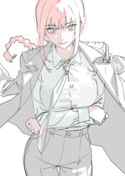 1girl absurdres braid braided_ponytail chainsaw_man closed_mouth collared_shirt formal_clothes grey_jacket grey_necktie grey_pants grey_suit hashtag-only_commentary highres jacket jacket_on_shoulders long_hair long_sleeves looking_at_viewer makima_(chainsaw_man) mikuchi_sunkuo necktie pant_suit pants red_hair ringed_eyes shirt simple_background solo suit white_background white_shirt yellow_eyes