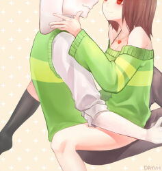 1boy 1girl adapted_costume artist_name asriel_dreemurr bare_shoulders black_socks bottomless breasts brown_hair brown_pants chara_(undertale) cleavage closed_mouth commentary couple dayuh english_commentary face-to-face fang feet_out_of_frame finger_to_another&#039;s_cheek from_side furry furry_male furry_with_non-furry genderswap genderswap_(otf) girl_on_top goat_boy green_sweater hand_on_another&#039;s_face head_out_of_frame heart heart_necklace hetero inseki interspecies jewelry kneehighs long_sleeves looking_at_another medium_hair necklace off-shoulder_sweater off_shoulder pants puffy_long_sleeves puffy_sleeves red_eyes shirt simple_background single_kneehigh single_sock sitting sitting_on_lap sitting_on_person skin_fang small_breasts smile socks sparkle_background step-siblings straddling striped_clothes striped_sweater sweater three-quarter_sleeves two-tone_sweater undertale white_fur white_shirt yellow_background yellow_sweater