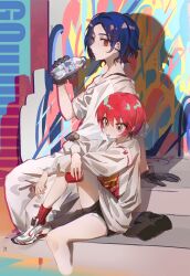 1boy 1girl amate_yuzuriha aqua_eyes blue_hair bottle can colored_inner_hair drink_can gloves graffiti gundam gundam_gquuuuuux highres holding holding_bottle holding_can knee_up long_sleeves lower_eyelashes_only multicolored_hair purple_hair red_eyes red_hair shirt shoes short_hair shorts shuji_ito sitting sneakers two-tone_hair white_shirt xiegegege_gezi