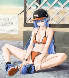 1girl bae_minah_(chaesu) bare_shoulders baseball_cap bikini blue_eyes blue_hair bracelet breasts chaesu cleavage hat jewelry long_hair nike_(company) ocean orange_bikini orange_eyes original shoes sitting small_breasts sneakers solo spread_legs swimsuit