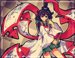 1other androgynous bambuuusia black_eyes black_hair black_hat black_outline checkered_background cowboy_shot eye_of_senri eyelashes green_skirt hairband hat highres holding japanese_clothes jinbei_(clothes) kariginu len&#039;en light_smile ofuda ofuda_on_clothes outline red_ribbon redrawn ribbon senri_tsurubami skirt solo spread_fingers white_hairband white_sleeves