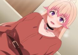 1girl ahoge bell belt black_choker blush breasts brown_belt choker collarbone dress hara_(harayutaka) highres large_breasts long_hair looking_at_viewer multicolored_hair neck_bell open_mouth pink_hair purple_eyes red_dress smile solo sweatdrop two-tone_hair wakatsuki_niko witch_watch