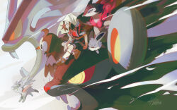 1girl absurdres akari_(pokemon) alternate_color arm_support brown_footwear brown_hair closed_mouth commentary eevee from_side gen_1_pokemon gen_4_pokemon gyarados headscarf highres hisuian_typhlosion jacket knoll_the_plaid legendary_pokemon long_hair loose_socks luxray mythical_pokemon nintendo pokemon pokemon_(creature) pokemon_legends:_arceus riding riding_pokemon sash shaymin shaymin_(sky) shiny_pokemon shoes short_sleeves sitting socks starly white_background white_headscarf white_headwear white_socks