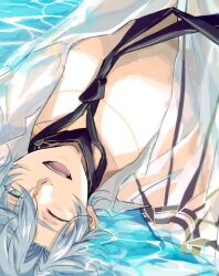 1boy ;d afloat antenna_hair black_necktie blue_eyes collared_shirt commentary_request highres honkai:_star_rail honkai_(series) male_focus neck_tattoo necktie one_eye_closed open_mouth parted_bangs partially_unbuttoned pectoral_cleavage pectorals phainon_(anan)_(honkai:_star_rail) phainon_(honkai:_star_rail) ronigs see-through_clothes see-through_shirt shirt short_hair smile solo tattoo wet wet_clothes wet_hair wet_shirt white_hair white_shirt