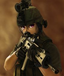 1girl absurdres adaptive_combat_rifle assault_rifle commentary eotech female_focus gloves goggles goggles_on_head goggles_on_headwear gun headset helmet highres holding holding_gun holding_weapon jpc light_brown_hair load_bearing_vest long_hair military military_combat_uniform military_uniform night-vision_device original purple_eyes rifle scope shirt signature smoke soldier solo t-shirt trigger_discipline upper_body watch weapon wristwatch