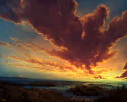 absurdres cloud cloudy_sky commentary english_commentary grass highres landscape no_humans ocean original outdoors philipp_urlich scenery sky sunset water