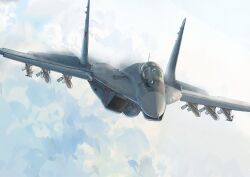 absurdres air-to-air_missile aircraft airplane cloud cloudy_sky fighter_jet ground_effect highres mig-29 military_vehicle no_humans original r-27_vympel r-73_vympel russian_commentary sky translation_request yukikaze_supersylph