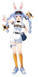 1girl animal_ears baseball baseball_cap baseball_glove baseball_uniform blue_hair braid giabbit hat hololive izumi_sai nippon_professional_baseball official_art orange_eyes orange_socks rabbit_ears rabbit_girl shirt shoes shorts sneakers socks sportswear transparent_background twin_braids usada_pekora v virtual_youtuber white_shirt white_shorts yomiuri_giants
