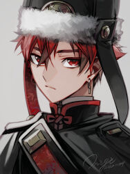 1boy :/ black_hat closed_mouth commentary dated earrings eyes_visible_through_hair fur-trimmed_headwear fur_trim grey_background hair_between_eyes hat headwear_request highres jewelry male_focus matsunaka_hiro original red_eyes red_hair red_trim sanpaku short_hair signature simple_background solo