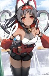 1girl absurdres animal_ear_fluff animal_ears black_hair black_thighhighs blush breasts cat_ears cat_girl cleavage closed_mouth commentary_request dark-skinned_female dark_skin hairband highres leaning_forward long_hair looking_at_viewer medium_breasts nekomiya_mana parted_bangs red_eyes red_hairband solo thighhighs thomas_8000 very_long_hair zenless_zone_zero