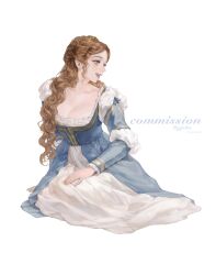1girl blue_dress blue_eyes blush braid breasts brown_hair cjjcha cleavage commentary commission crown_braid curtained_hair dated dress english_commentary frilled_dress frilled_sleeves frills full_body hair_over_shoulder hand_on_lap highres layered_dress layered_sleeves long_sleeves looking_to_the_side medium_breasts open_mouth original parted_bangs sidelocks sitting sleeve_ribbon smile solo teeth twitter_username wavy_hair white_dress