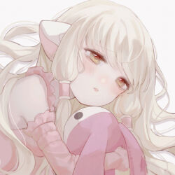 1girl absurdres aegyo_sal animal_ears blonde_hair blush breasts brown_eyes chii chinese_commentary chobits close-up commentary_request crying detached_sleeves dress frills frown hair_tubes highres holding holding_stuffed_toy long_hair mixed-language_commentary persocom_(chobits) pink_dress pointy_ears robot_ears simple_background solo stuffed_animal stuffed_rabbit stuffed_toy tears tian_xiaoxin upper_body very_long_hair white_background