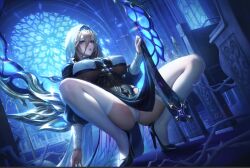 1girl aponia_(honkai_impact) black_dress blonde_hair blue_eyes breasts cameltoe candle chinese_commentary church clothes_lift covered_erect_nipples dress high_heels honkai_(series) honkai_impact_3rd indoors large_breasts medium_hair mr_xior nun panties pelvic_curtain pelvic_curtain_lift solo squatting thighhighs underboob underwear veil white_panties white_thighhighs white_veil