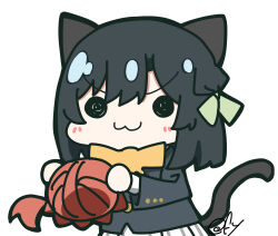 1girl :3 absurdres animal_ears black_hair black_jacket blush bob_cut bun_with_braided_base buttons cat_ears cat_girl cat_tail chibi chibi_only closed_mouth commentary detached_hair detached_hair_bun green_ribbon hair_ribbon highres holding jacket kemonomimi_mode long_sleeves love_live! love_live!_nijigasaki_high_school_idol_club mifune_shioriko neck_ribbon nijigasaki_school_uniform oofushi_ao plaid_clothes plaid_skirt pleated_skirt ribbon school_uniform short_hair simple_background skirt smile solo tail uehara_ayumu v-shaped_eyebrows white_background white_skirt winter_uniform yellow_ribbon