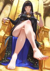 1girl absurdres bare_legs barefoot black_dress black_hair blue_nails blunt_bangs blush breasts brown_eyes chair commentary_request crossed_legs dress feet foot_focus foreshortening highres large_breasts layla_sama legs long_hair looking_at_viewer momoyama_tits nail_polish original re:act sidelocks sitting solo thighs toenail_polish toenails toes very_long_hair virtual_youtuber