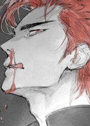 1boy adam&#039;s_apple blood blood_on_face commentary_request grey_background highres injury licking_lips looking_to_the_side male_focus nosebleed portrait profile red_eyes red_hair sakuragi_hanamichi sideburns sideways_glance slam_dunk_(series) solo teeth tongue tongue_out tsutabnst