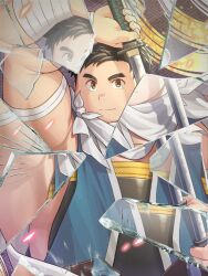 Rule 34 | 1boy, armpits, bandaged arm, bandages, bara, black hair, broken glass, cape, commentary request, echigo (tamacolle), fat, fat man, glass, glass shards, highres, holding, holding sheath, holding sword, holding weapon, japanese clothes, katana, looking at viewer, male focus, natsume yukimushi, refraction, sheath, sword, tamacolle, unsheathing, weapon, white cape