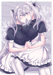 2girls alternate_costume apron blue_eyes blush breasts commentary_request dated dress enmaided frilled_apron frilled_dress frills fuyutsuki_(kancolle) grey_eyes grey_hair hair_between_eyes highres holding_hands kabocha_torute kantai_collection large_breasts long_hair looking_at_another maid maid_apron maid_day maid_headdress multiple_girls one_side_up open_mouth ponytail puffy_sleeves short_sleeves suzutsuki_(kancolle) twitter_username waist_apron white_apron yuri