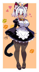 1girl ahoge animal_ear_fluff animal_ears apron bell black_dress blush bow bowtie breasts brown_pantyhose brown_shoes cat_ears cat_girl cat_tail closed_mouth colored_tips dark-skinned_female dark_skin dress full_body hair_between_eyes heart highres large_breasts looking_at_viewer maid maid_day multicolored_hair neck_bell original pantyhose paw_print paw_print_background red_bow red_bowtie red_eyes shoes short_eyebrows smile solo tail tukinoha white_apron white_hair