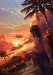 Rule 34 | 1girl, basket, black hair, blue pants, blue sky, chinese commentary, commentary request, denim, dress shirt, dutch angle, evening, facing away, floral print sleeves, gradient sky, hedge, highres, horizon, jeans, lantern, looking back, m.b, medium hair, ocean, orange clouds, orange sky, original, outdoors, palm tree, pants, path, pink shirt, plant, reflection, reflective surface, reflective water, road, scenery, shirt, shirt tucked in, signature, sky, sky focus, solo, sun, sunset, tree, turning head, watermark