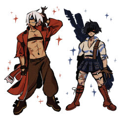 Rule 34 | 1boy, 1girl, bandaged leg, bandages, black hair, blood, bloody bandages, blue eyes, boots, brown gloves, coat, daisanfar, dante (devil may cry), devil may cry, devil may cry (series), devil may cry 3, fingerless gloves, gloves, grin, highres, jewelry, kalina ann (weapon), lady (devil may cry), midriff, navel, necklace, no shirt, pants, rebellion (sword), red coat, red eyes, rocket launcher, shirt, simple background, skirt, smile, sword, sword on back, weapon, weapon on back, white background, white hair, white shirt