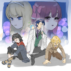 2girls 3boys all_fours amane_(dream_c_club) black_footwear black_hair black_pants blazer blonde_hair blue_eyes blue_hair blurry blush bokeh border bow brown_jacket brown_pants cigarette closed_mouth coat collared_shirt commentary_request creature creature_on_shoulder cropped_head crossed_ankles crossover crying crying_with_eyes_open defeat depth_of_field dream_c_club dream_c_club_(series) dream_c_club_zero drooling glasses gloves green_sweater hair_between_eyes hair_bow hairband haruka_(dream_c_club) head_back head_tilt holding holding_cigarette hugging_own_legs jacket koze_niire lab_coat leos_vincent leos_vincent_(1st_costume) long_hair mameneko_(leos_vincent) mashiro_meme mashiro_meme_(1st_costume) multiple_boys multiple_girls necktie nijisanji off_shoulder on_ground on_shoulder opaque_glasses open_clothes open_coat open_mouth pants pink_bow projected_inset purple_eyes purple_hair purple_necktie red_scarf scarf shirt shoes short_hair sitting smile smoking streaming_tears sweater tears uzuki_kou uzuki_kou_(3rd_costume) v-shaped_eyebrows virtual_youtuber white_border white_coat white_gloves white_hairband yellow_eyes