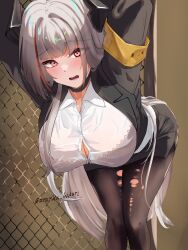 Rule 34 | 1girl, absurdres, admiral zenker (azur lane), admiral zenker (fun with...interrogations?) (azur lane), ananda hikari, arms up, azur lane, bent over, black bra, black choker, black jacket, black skirt, bra, breasts, choker, cleavage, highres, jacket, large breasts, long hair, looking at viewer, miniskirt, multicolored hair, open clothes, open jacket, pantyhose, partially unbuttoned, red eyes, red hair, see-through clothes, see-through shirt, shirt, skirt, solo, standing, streaked hair, thighs, torn clothes, torn pantyhose, two-tone hair, unbuttoned, unbuttoned shirt, underwear, very long hair, white hair, white shirt