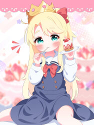 Rule 34 | 1girl, :3, aqua eyes, birthday, birthday cake, blonde hair, blue dress, blush, bow, bowtie, cake, crown, dress, eating, food, fruit, hair bow, happy birthday, himesaka noa, holding, holding food, holding plate, holding spoon, kneehighs, lace, long hair, long sleeves, looking at viewer, plate, ponytail, r245, red bow, red bowtie, school uniform, shirt, sitting, sleeveless, sleeveless dress, smile, socks, spoon, star (symbol), star symbol background, strawberry, strawberry shortcake, watashi ni tenshi ga maiorita!, white background, white shirt, white socks