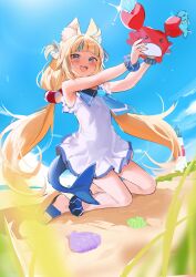 &gt;_&lt; 1girl :d absurdres animal animal_ear_fluff animal_ears ankle_scrunchie bare_arms bare_legs bare_shoulders beach blonde_hair blue_hair blue_necktie blue_sky blunt_bangs blush cloud commentary crab day dress fins fish_tail full_body grass highres holding holding_animal indie_virtual_youtuber kneeling lighthouse long_hair looking_at_viewer low_twintails mayutsuba_mono multicolored_hair necktie open_mouth outdoors sameko_saba sand scrunchie seashell shark_tail sharp_teeth shell short_dress sky sleeveless sleeveless_dress smile solo streaked_hair tail teeth twintails two-tone_hair two_side_up very_long_hair virtual_youtuber white_dress wrist_scrunchie