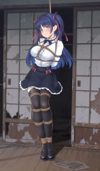 1girl absurdres arms_behind_back bdsm black_ribbon black_shoes black_skirt black_thighhighs blue_eyes blue_hair blush bondage borrowed_character bound bound_legs bow breasts hair_ribbon highres indoors large_breasts long_hair long_sleeves looking_at_viewer mary_janes neck_ribbon original pink_bow pink_ribbon ribbon shibari shirt shoes skirt sliding_doors smile solo suspension thighhighs tiptoes twintails two_side_up very_long_hair white_shirt wooden_floor yanx5